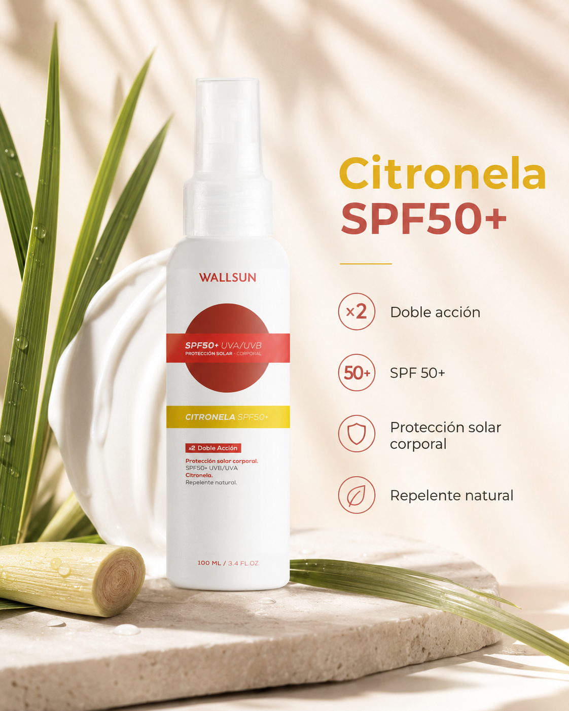 Wallsun Citronela SPF 50+ | Protector Solar Antimosquitos Deportivo